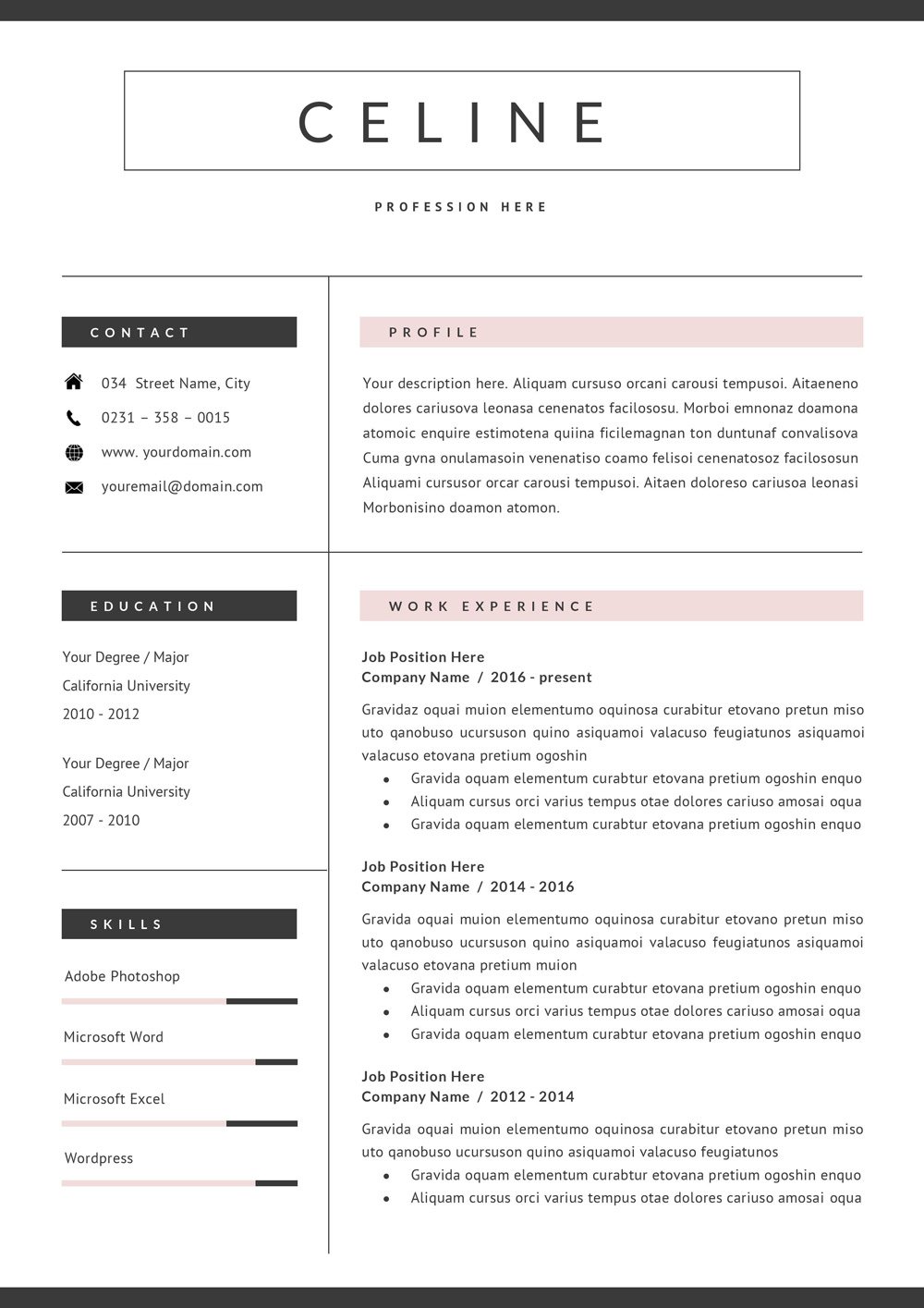 Professional resume template with a pink and black color scheme.