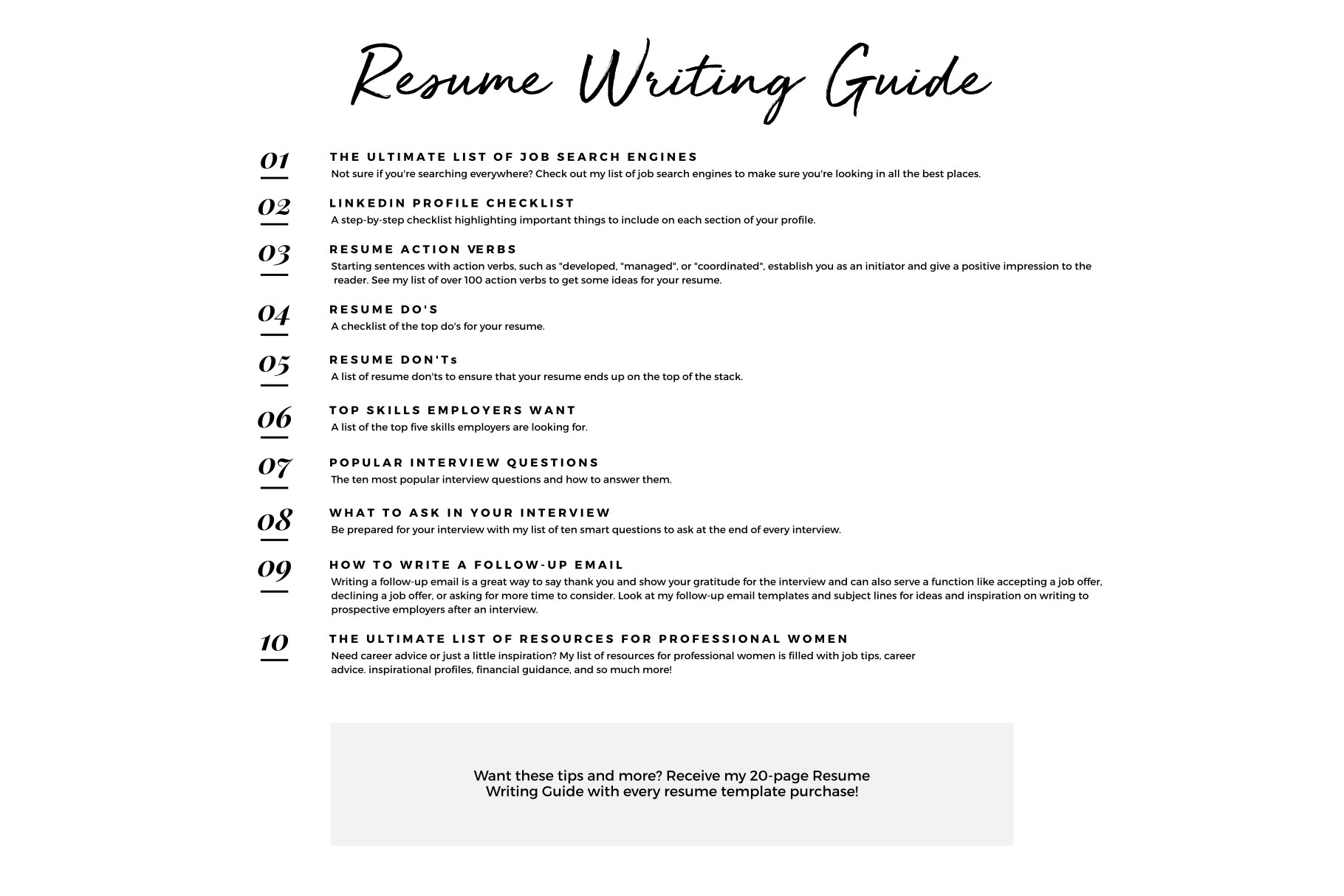 The resume writing guide is shown in black and white.