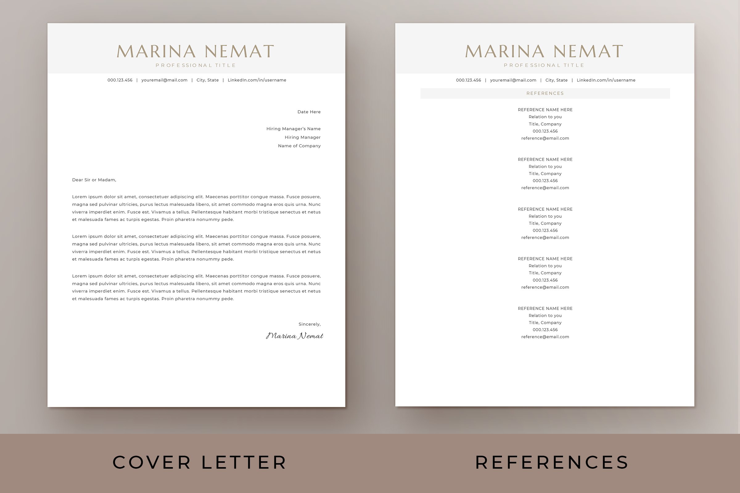Cover letter and a reference page for a resume.