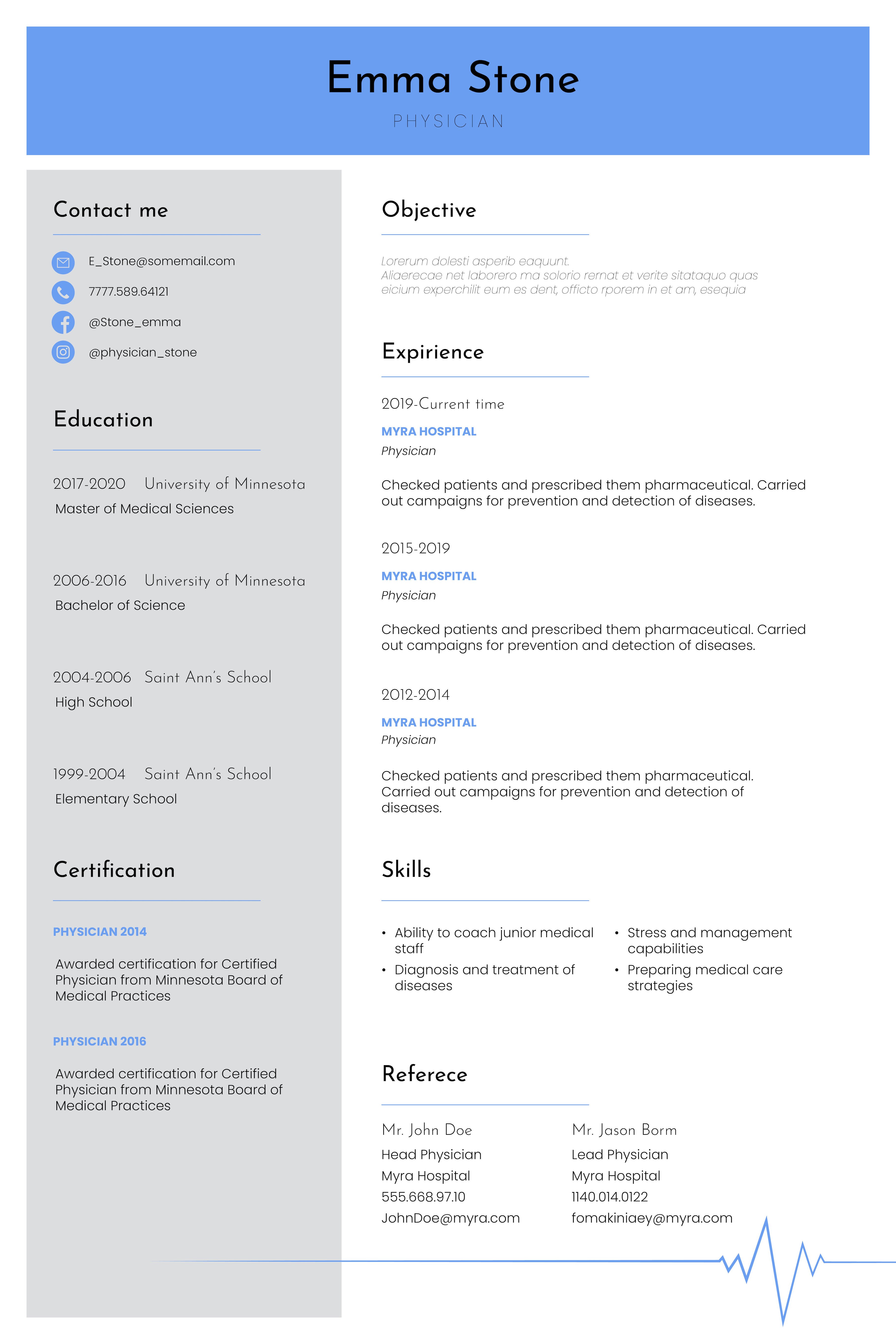 Resume Template Physician InDesign preview image.