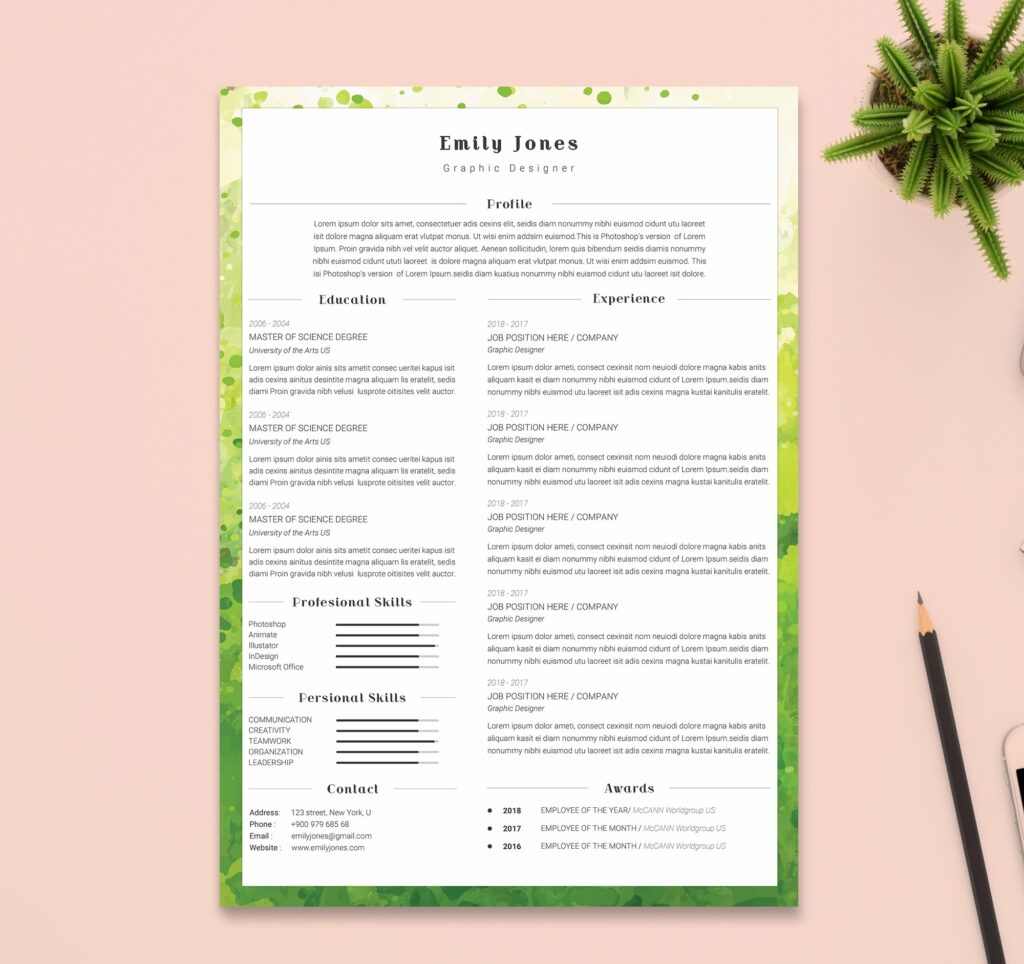 Water Color CV Resume Tempalate - Resume33a 964 1024x964 