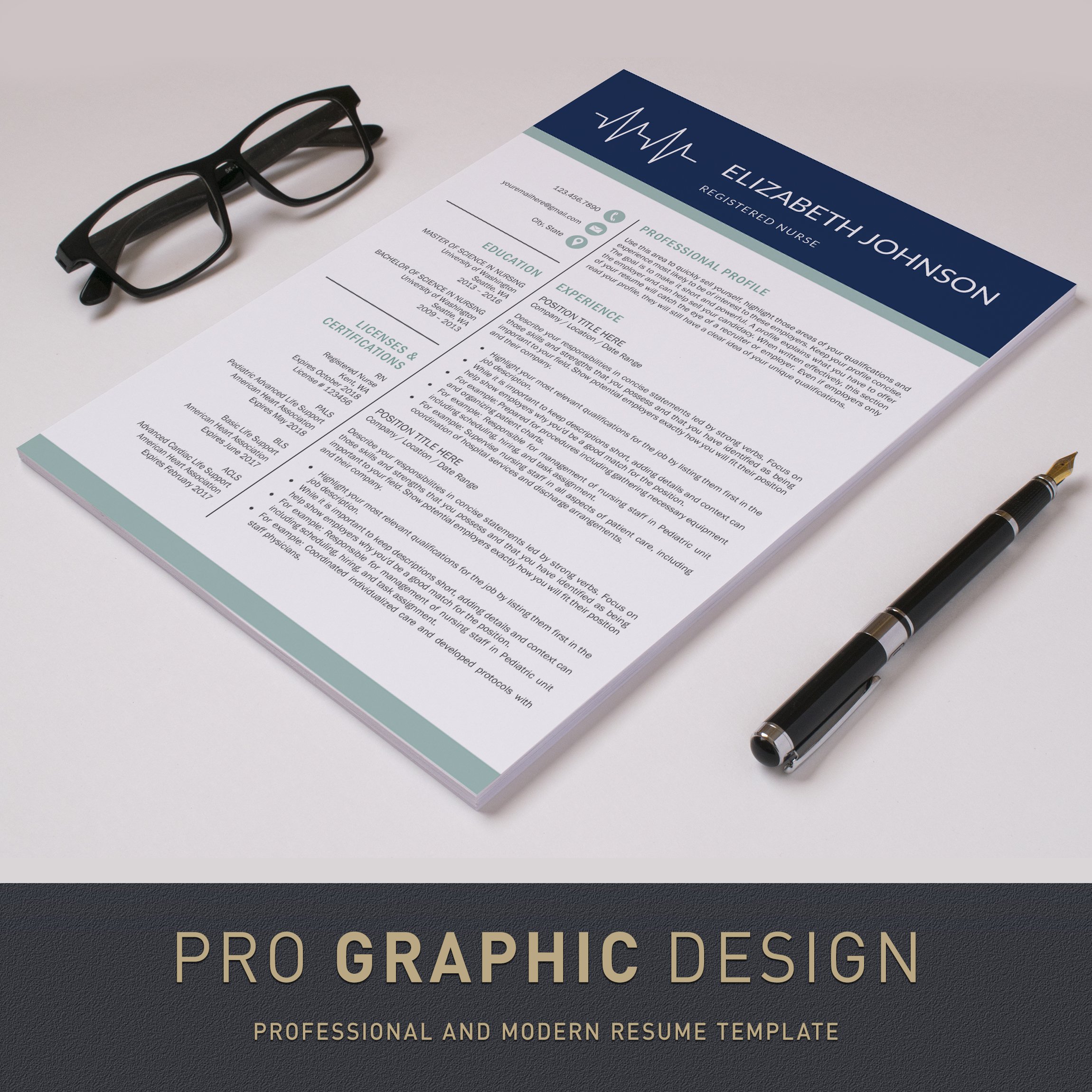 Professional resume with a pen and glasses.