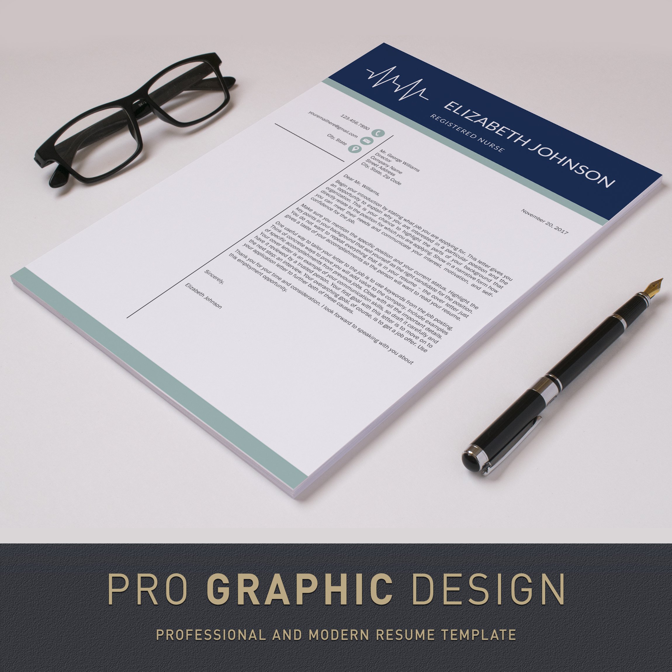 Professional and modern resume with a pen and glasses.