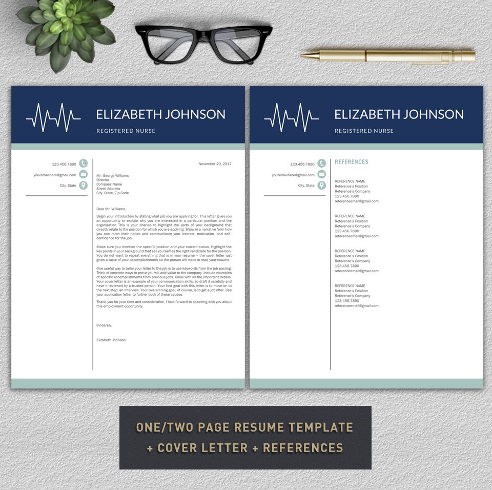 Professional resume template with a blue cover letter and glasses.