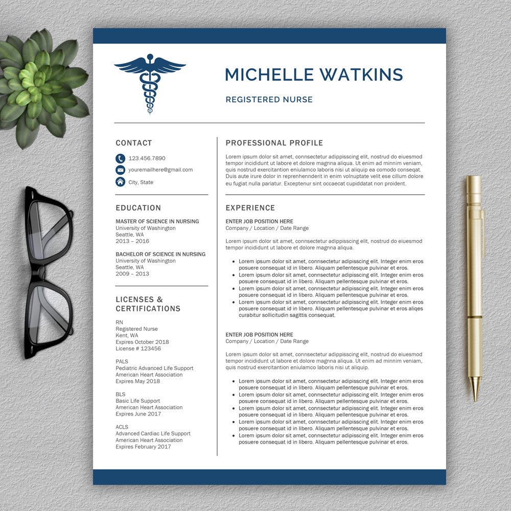 Professional nurse resume with glasses and a pen.