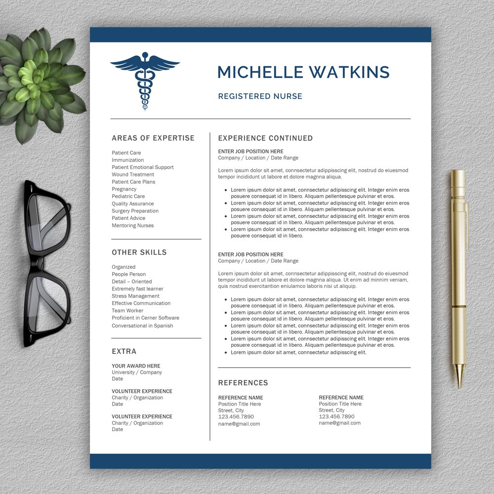 Professional nurse resume with glasses on top of it.