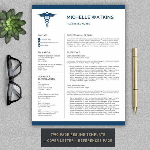 Professional resume template with glasses and a pen.