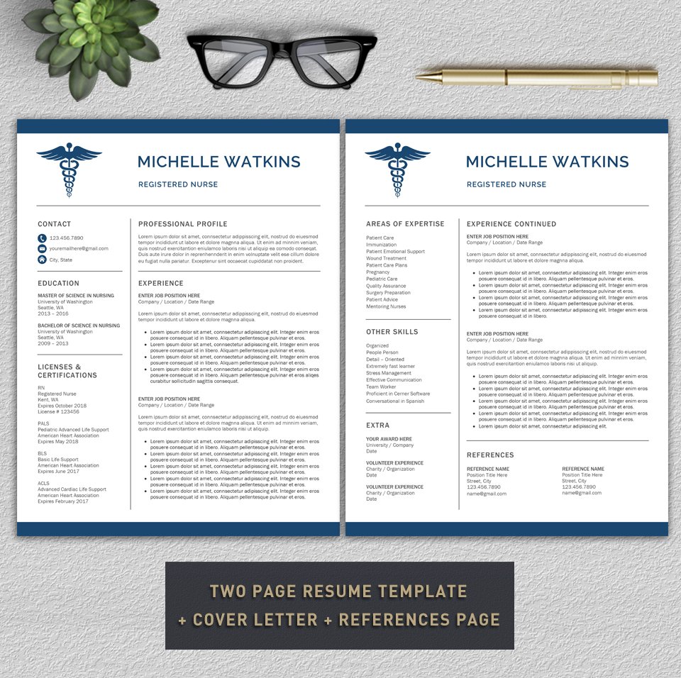 Medical resume template with glasses on top of it.