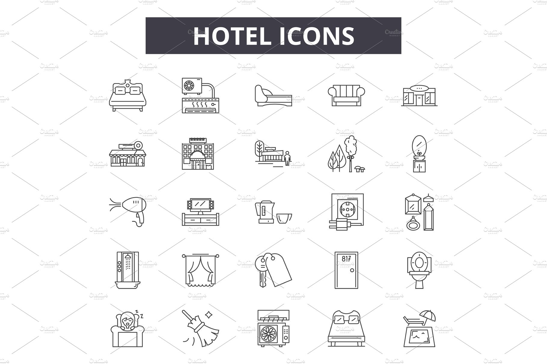 Hotel line icons, signs set, vector cover image.
