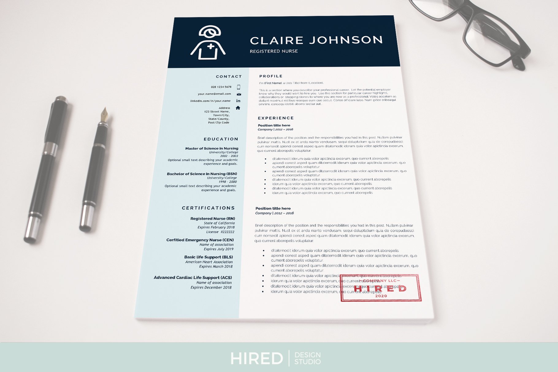 Blue and white resume with a stamp on it.