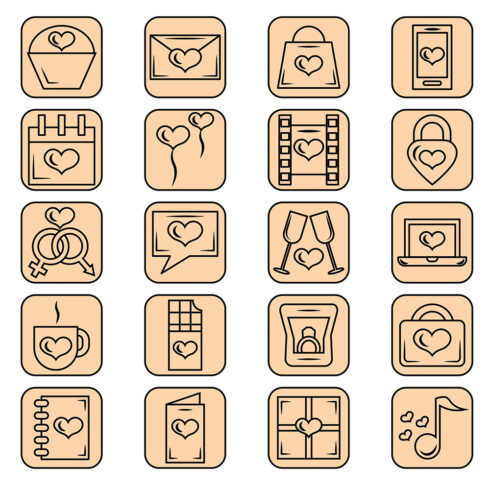 Set of different icons with hearts and other things.