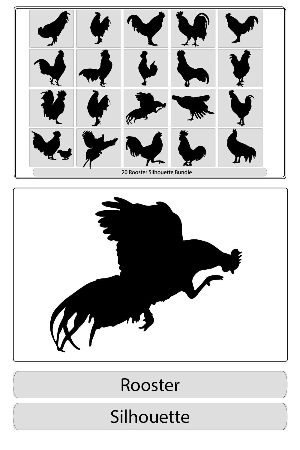 rooster silhouettes,Vector illustration of a black cock silhouette,Rooster silhouette vector pinterest preview image.