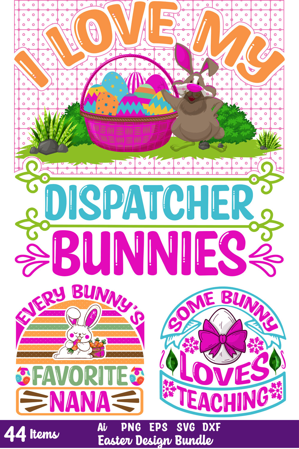 Poster with a bunny and a basket of eggs.