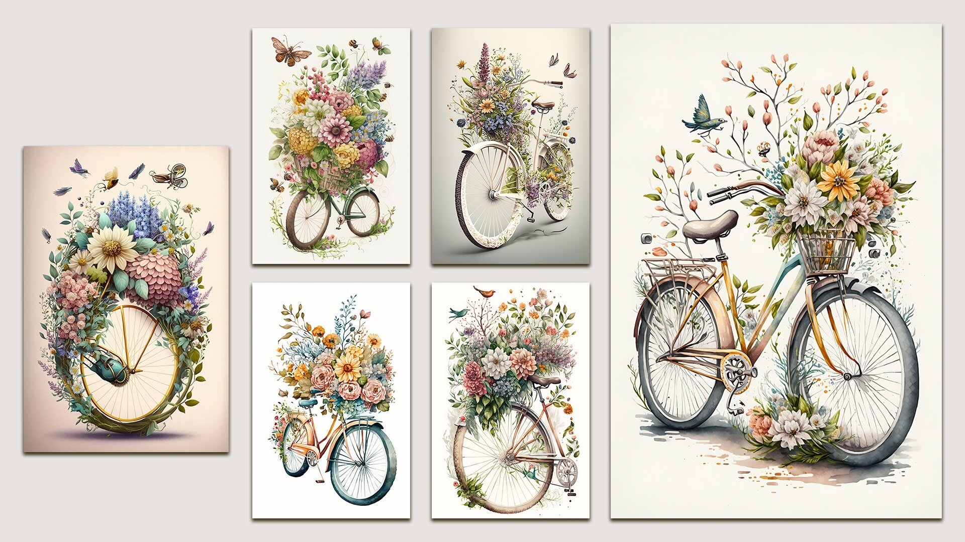 Set of four paintings of flowers and a bicycle.