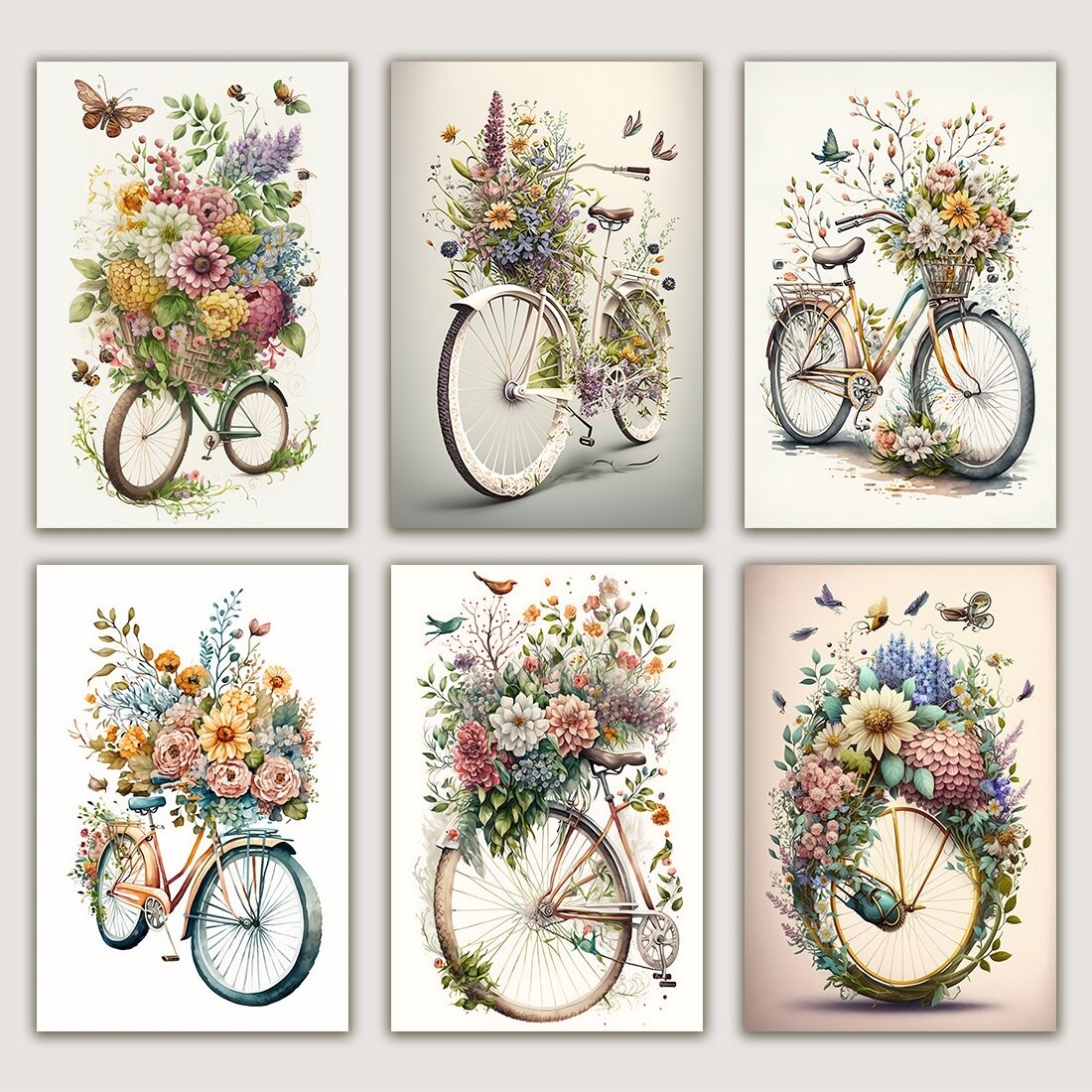Beautiful Vintage Floral Bicycle Watercolor Artwork preview image.