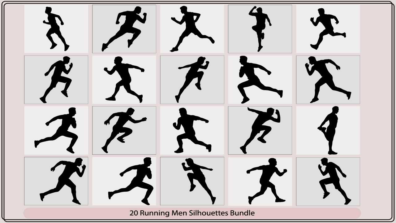Set of silhouettes of running men.