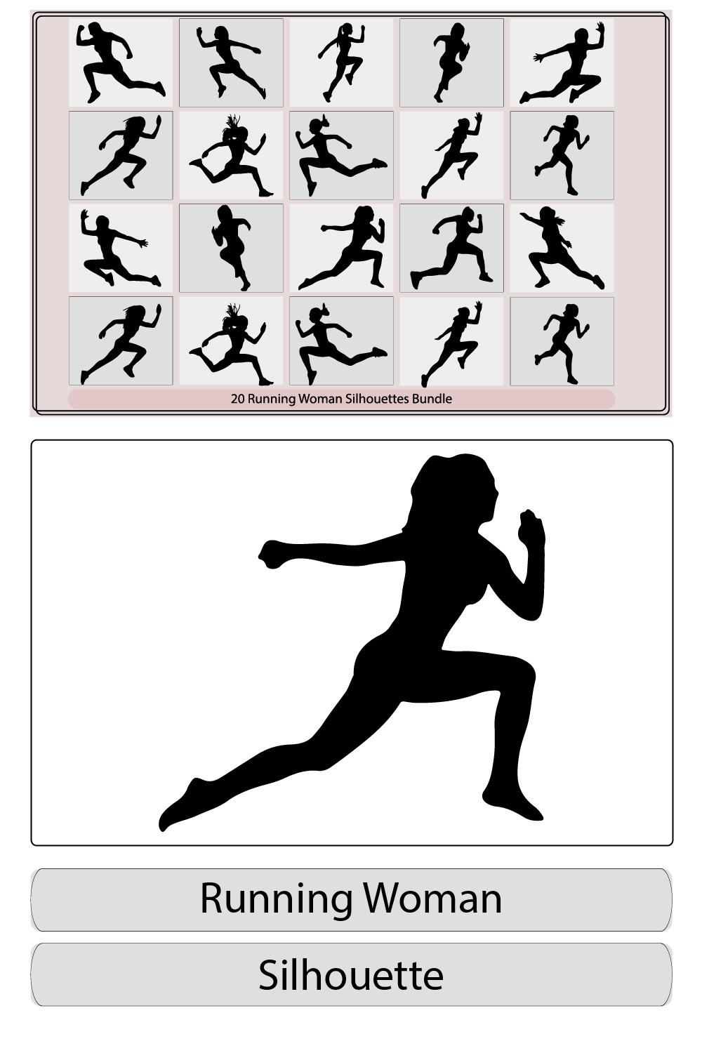Running woman side view vector silhouette,Young running woman,Running woman silhouette,Running woman or female fitness,Set running silhouettes pinterest preview image.