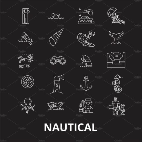 Nautical editable line icons vector cover image.