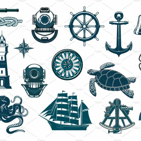 Nautical seafaring, sailing icons cover image.