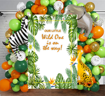 Birthday card surrounded by balloons and a jungle theme.