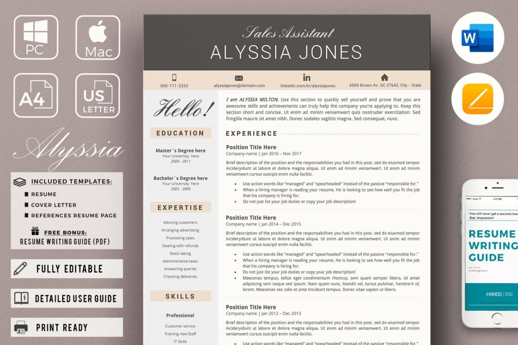 Sales Assistant Resume CV Template MasterBundles   Sales Assistant Resume Cv A4 Resume Us Letter Resume For Word And Pages  991 1024x683 