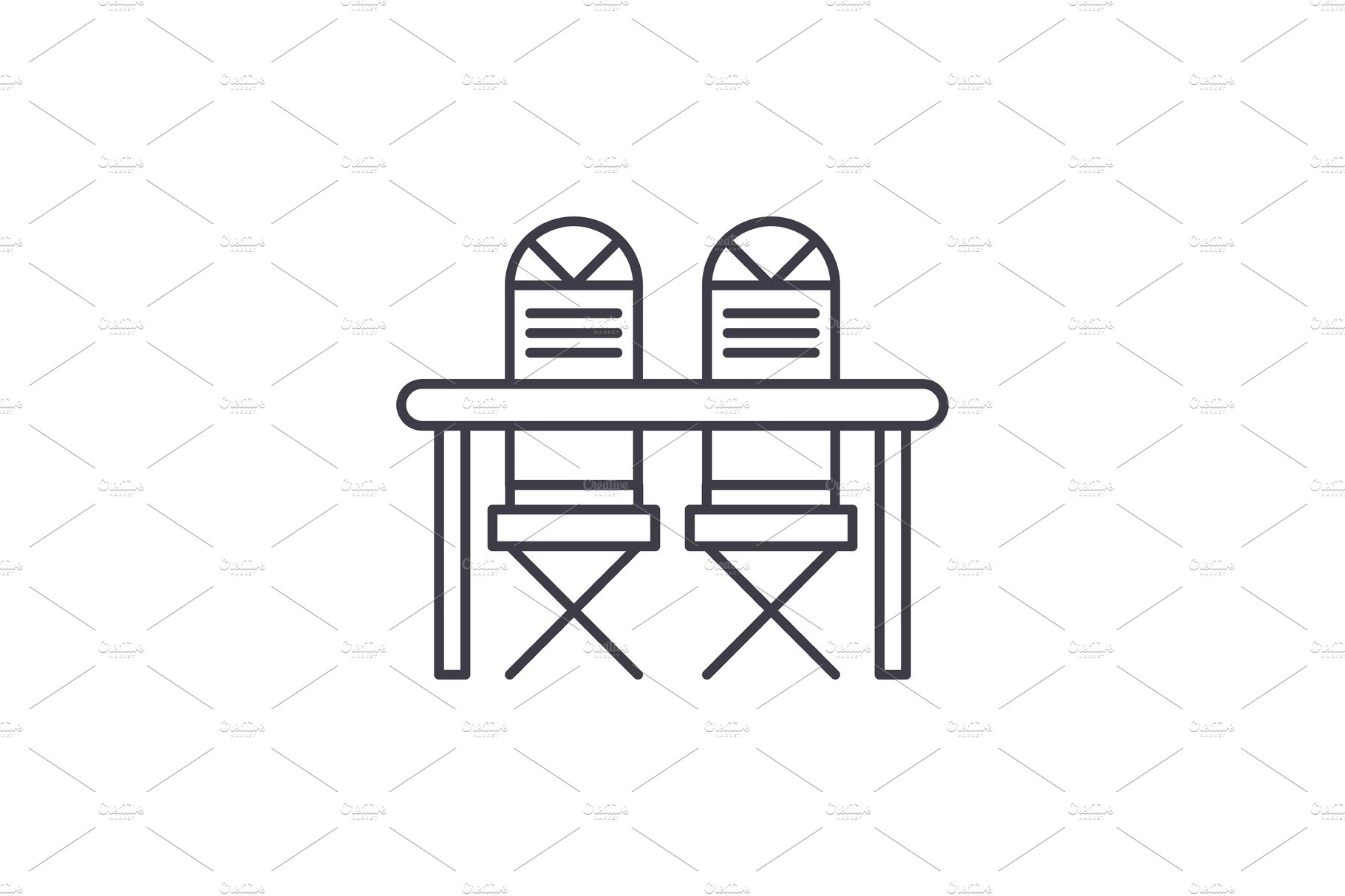 Kitchen table and chairs line icon cover image.