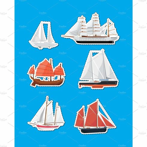 Sea sailboats side view isolated labels set cover image.