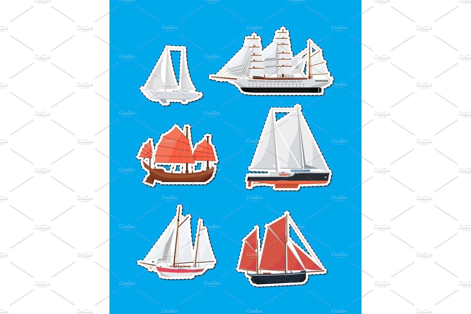 Sea sailboats side view isolated labels set cover image.