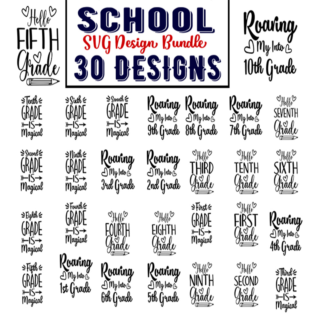 The back of a school svt design bundle with 30 designs.
