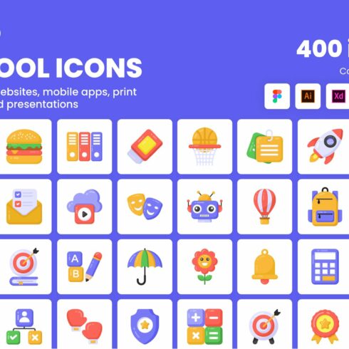 400 Flat School Icons cover image.