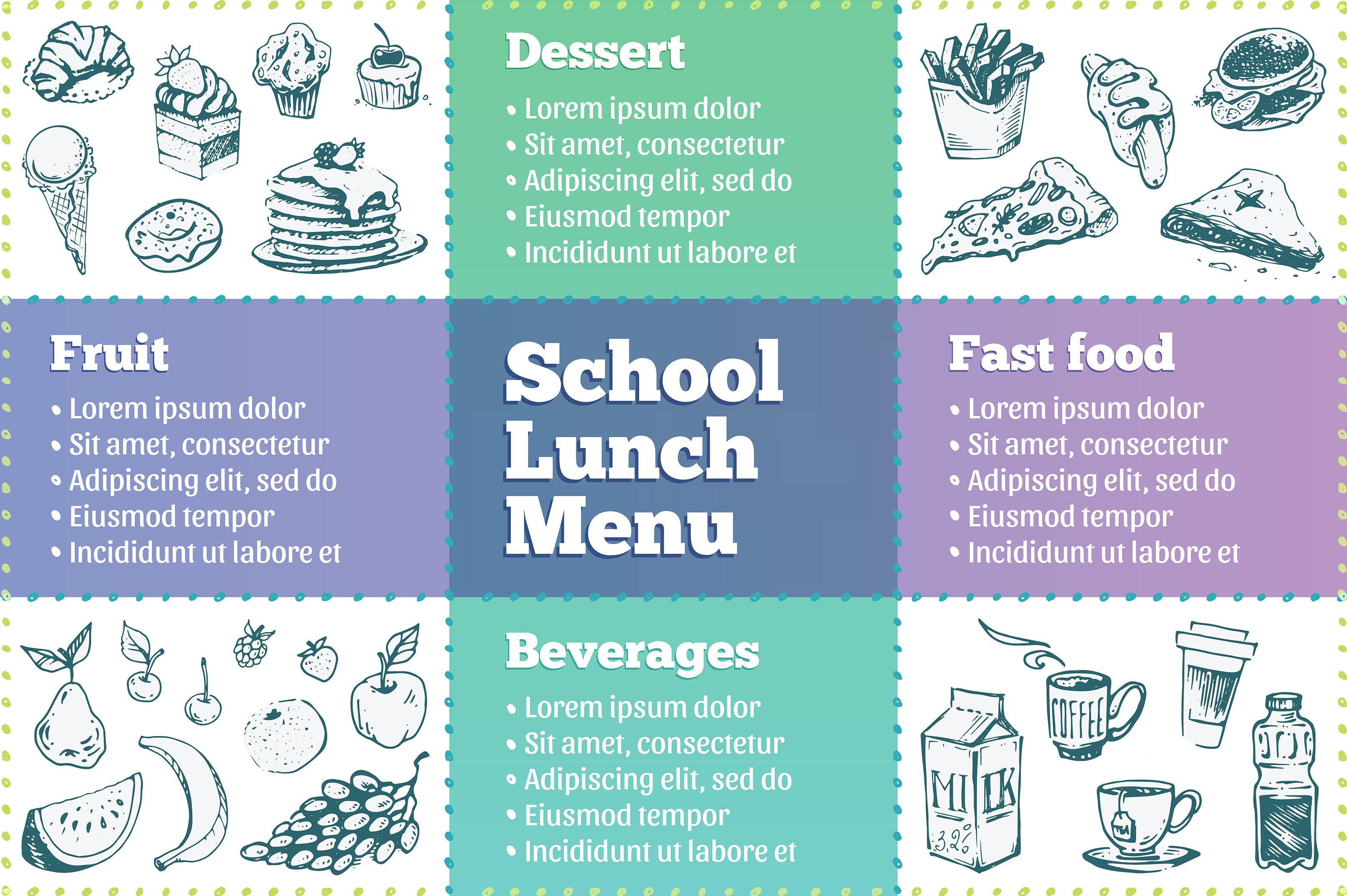 school lunch menu. sketch icons dessert beverages fast food and fruit. isolated vector template design childrens menu. hand drawn ink. trend 303