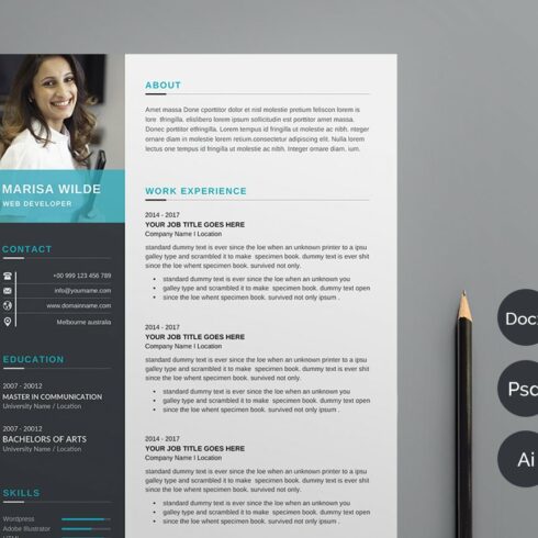 Professional resume template with a blue cover.