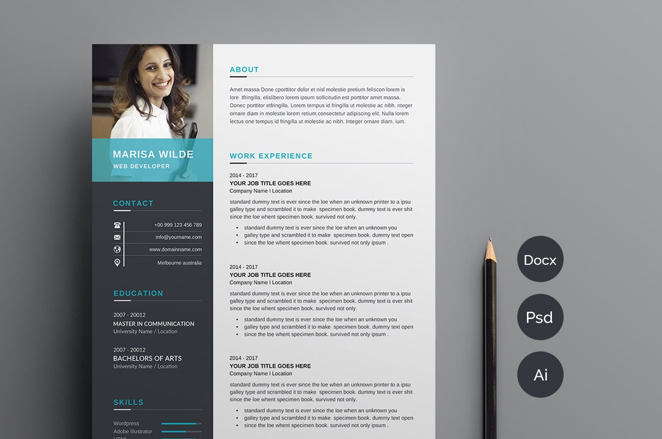 Professional resume template with a blue cover.