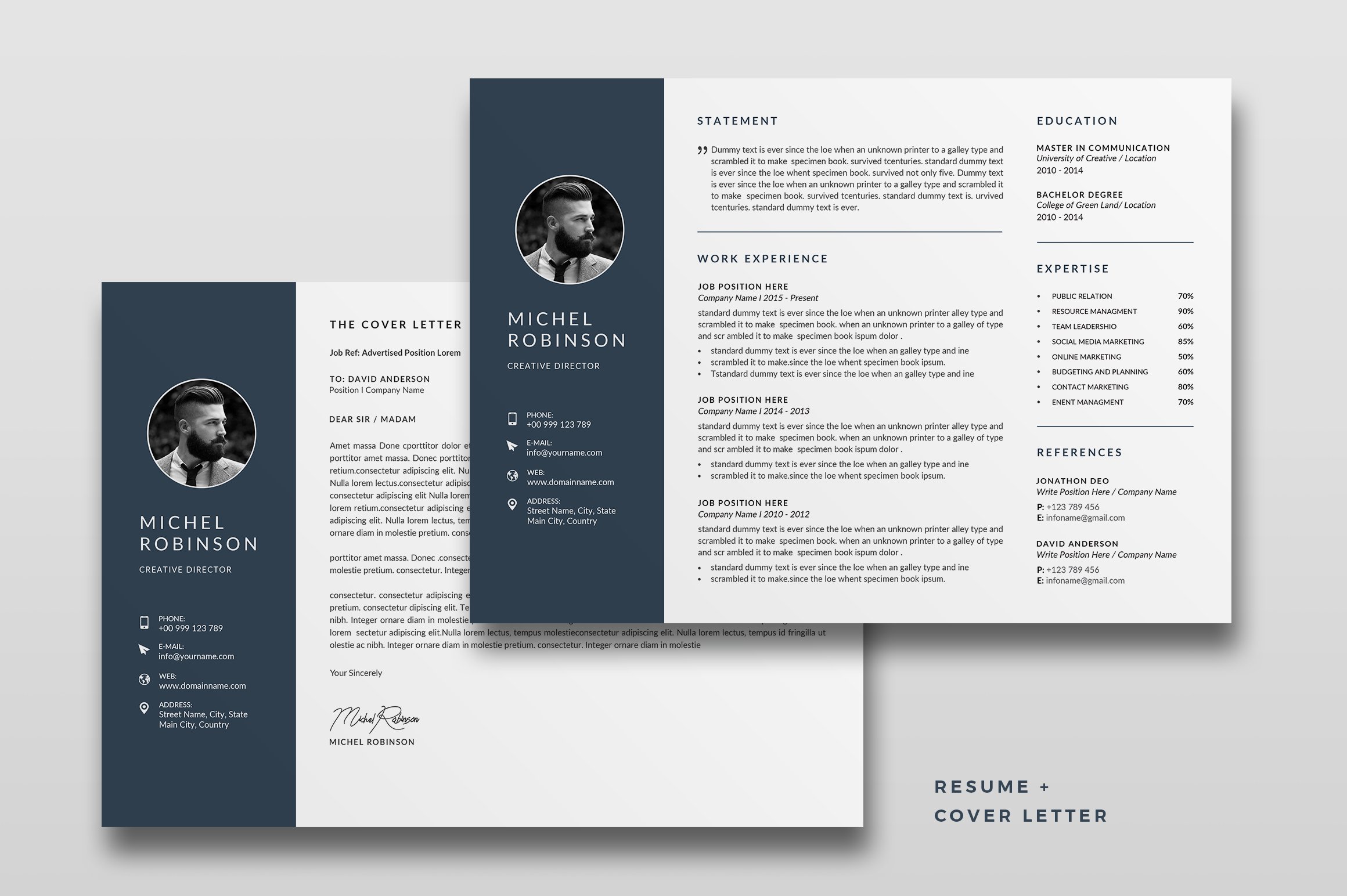 Professional resume template with a blue cover.