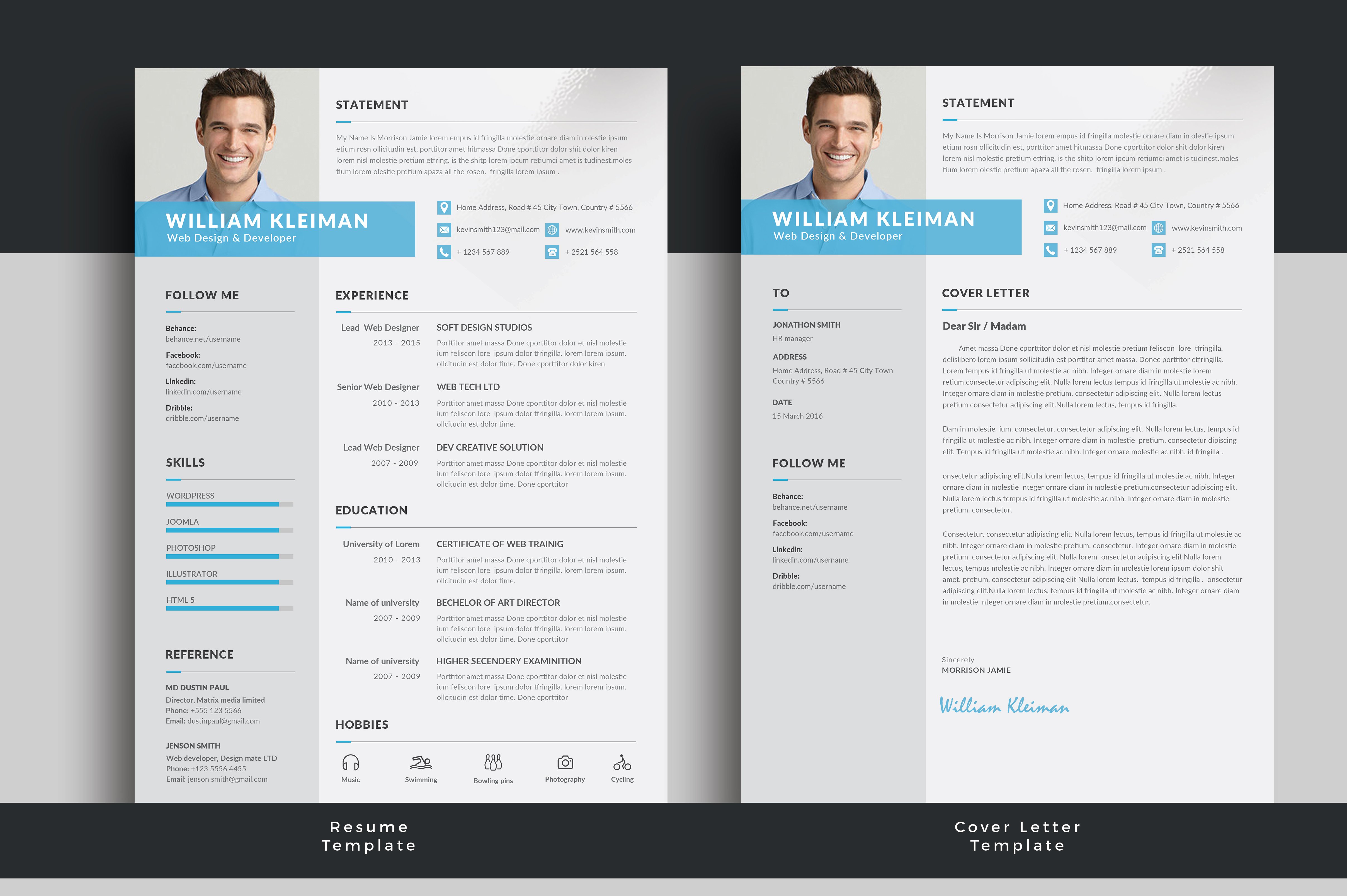 Two resume templates with blue accents.