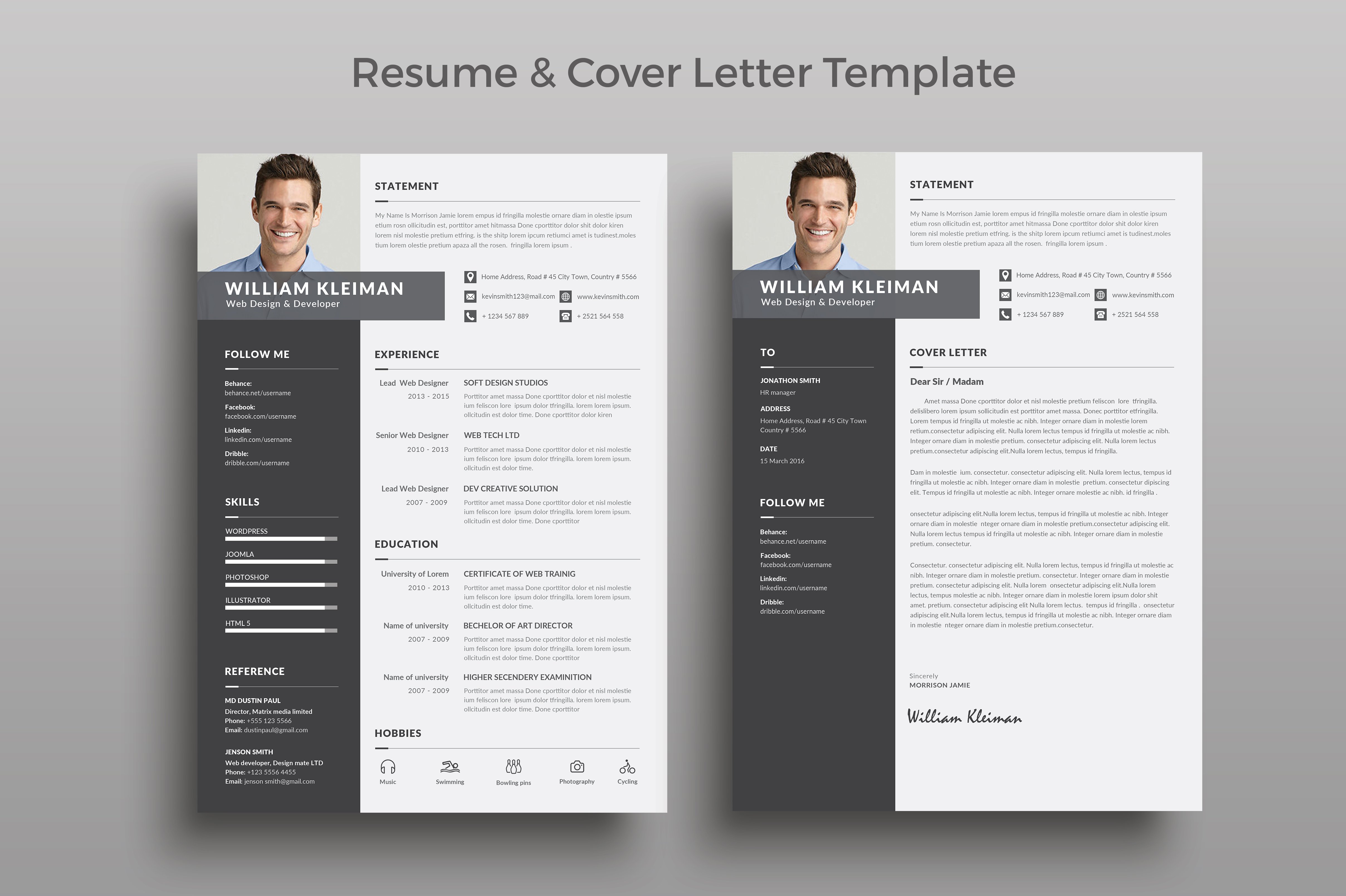 Two resume templates with a black and white theme.