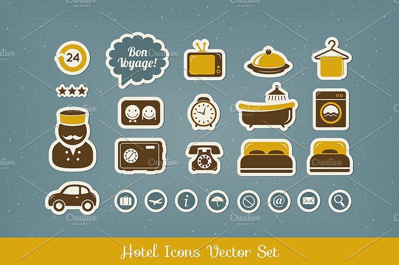 Hotel icons set cover image.