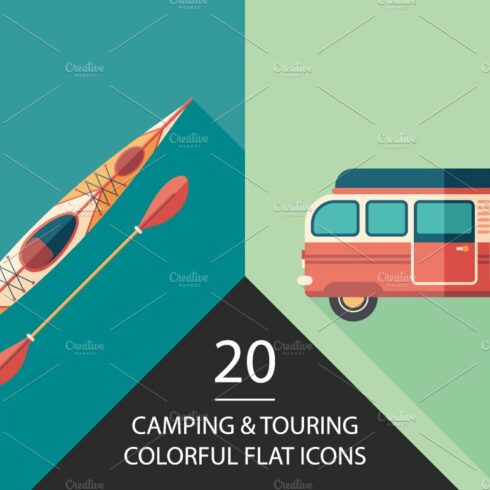 Camping and touring flat icon set cover image.