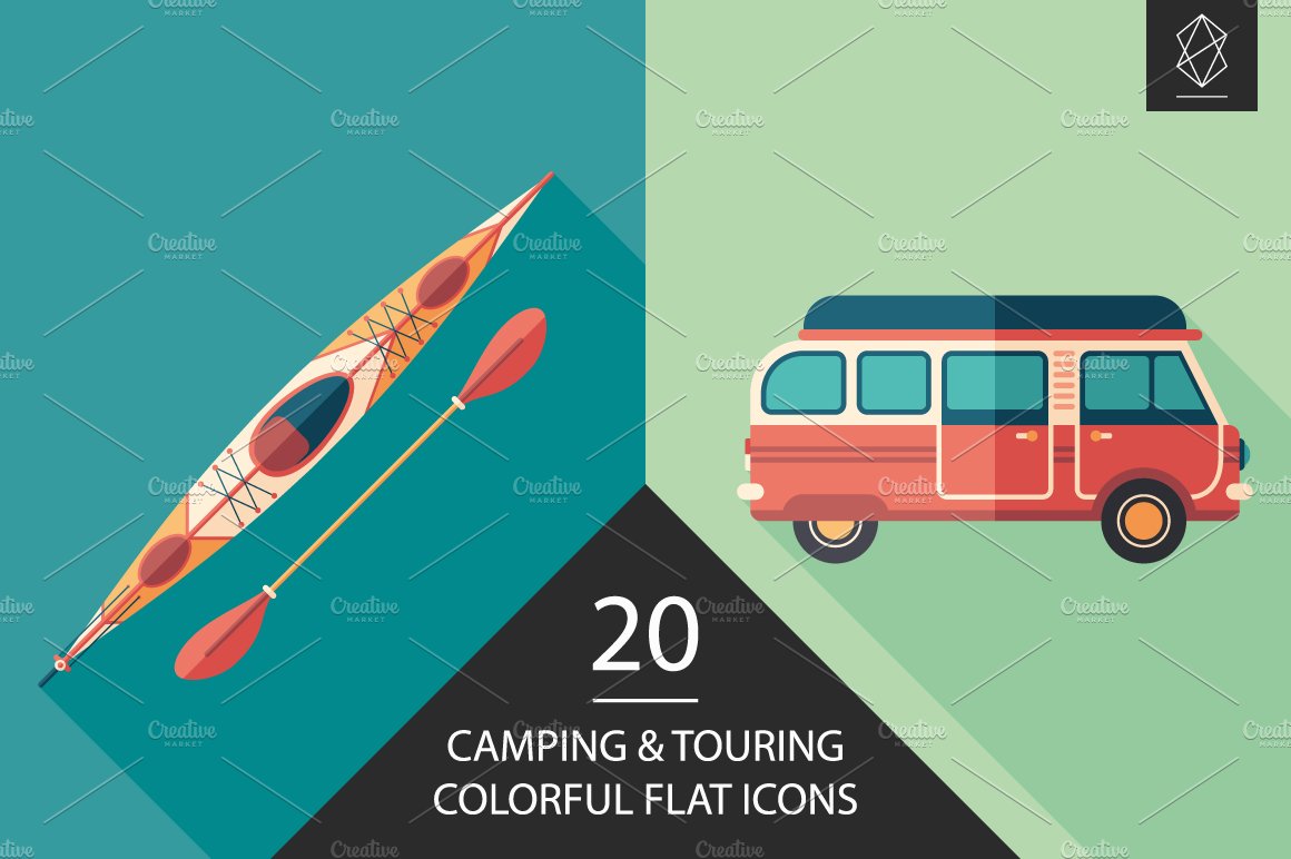 Camping and touring flat icon set cover image.