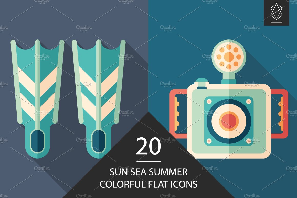 Sun sea summer flat icon set cover image.