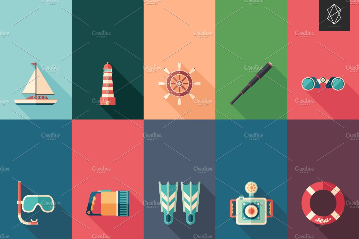 Sun sea summer flat icon set preview image.