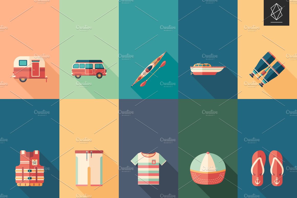 Camping and touring flat icon set preview image.