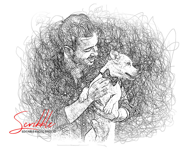Drawing of a man holding a dog.