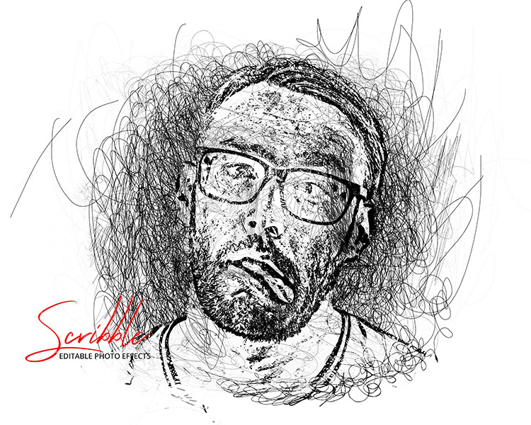 Black and white drawing of a man with glasses.