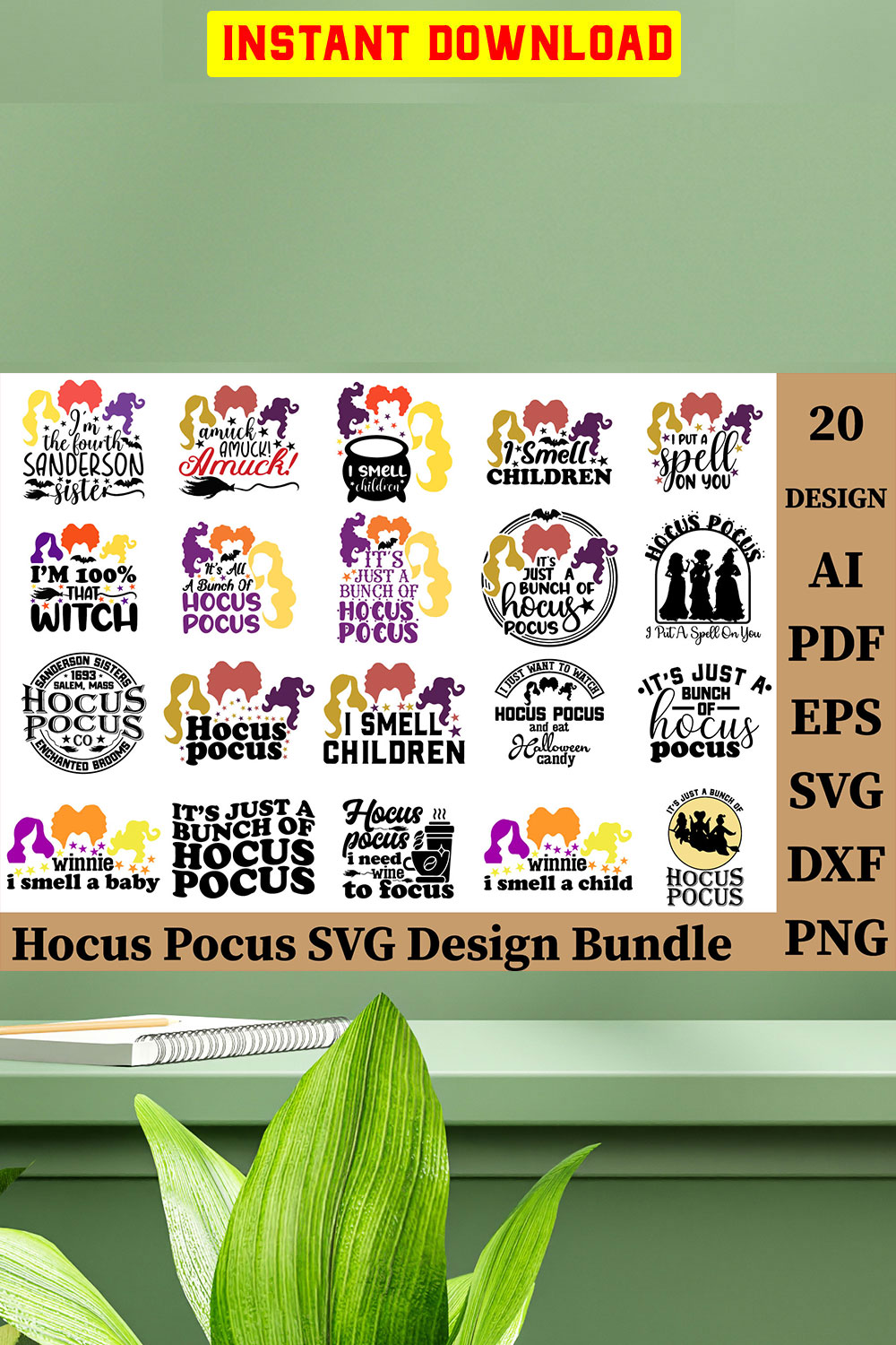 Hocus Pocus Halloween SVG Design Bundle pinterest preview image.