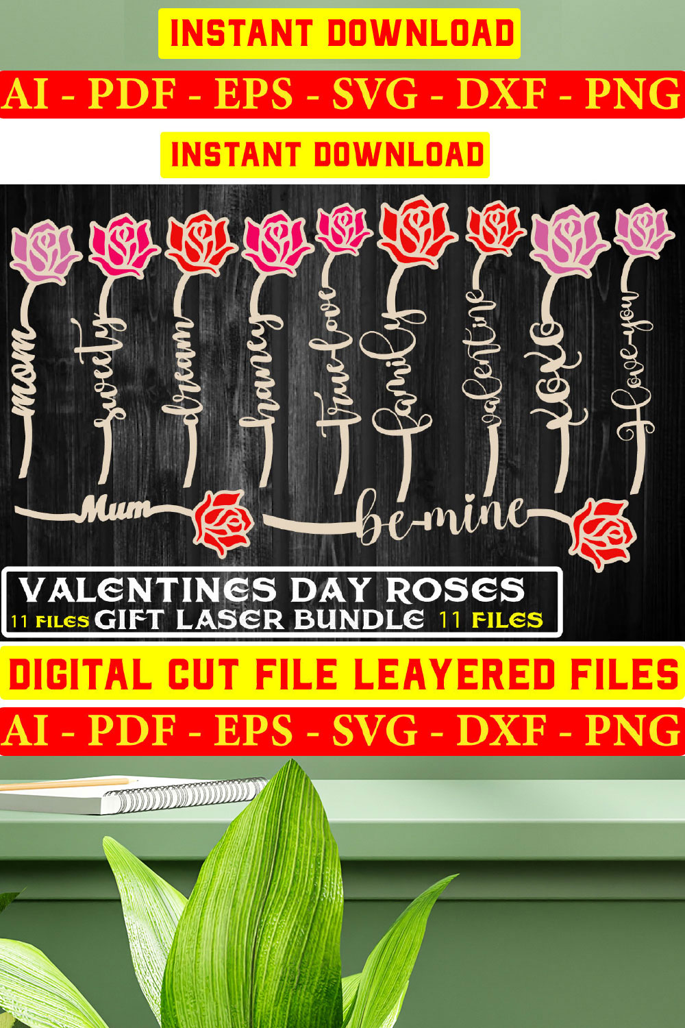 Rose, Layers Laser cut svg, Rose svg, Valentine Day, Flower Laser cut files, Love, XOXO, Sweetie, Honey, CNC Laset cut pinterest preview image.