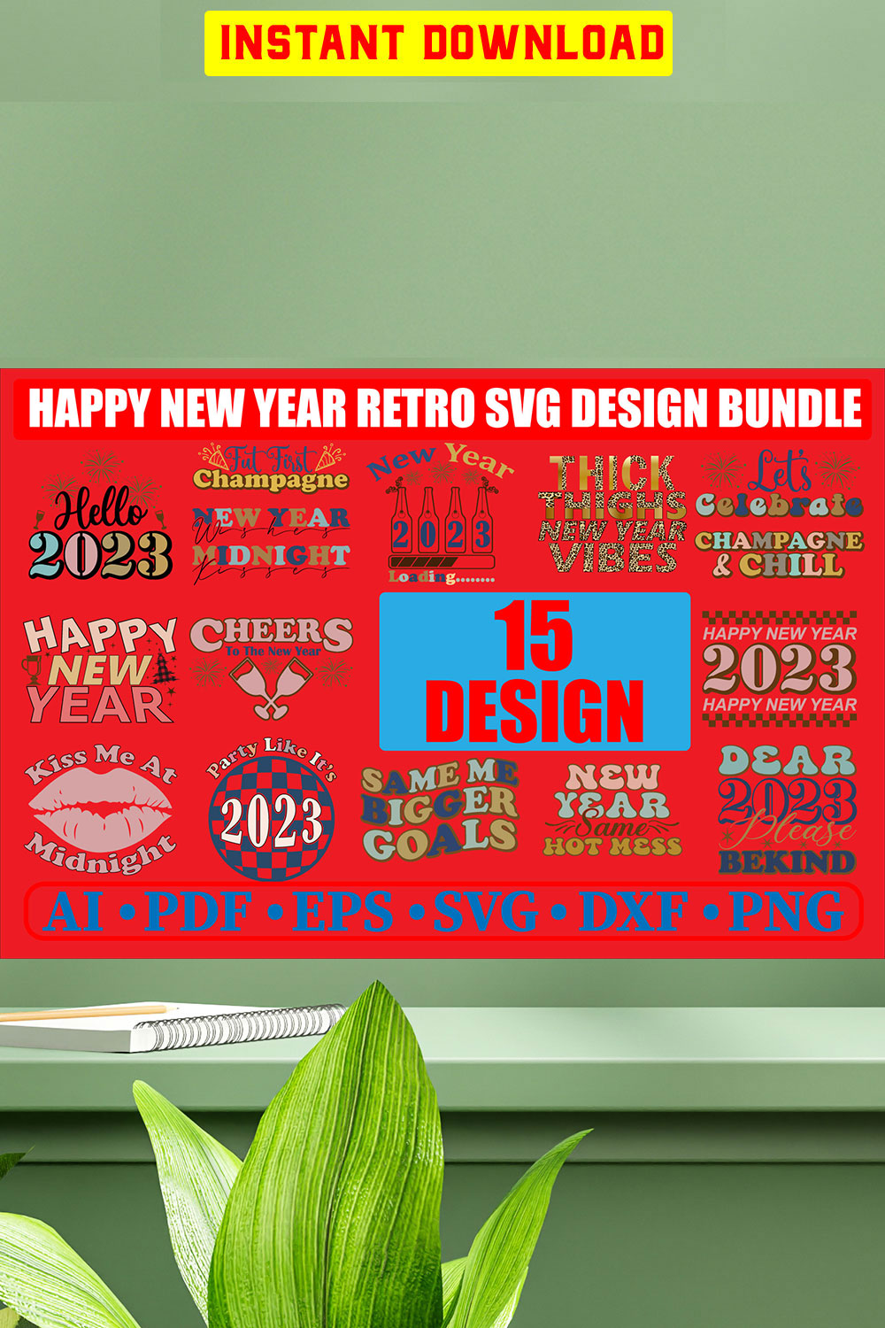Happy New Year Retro SVG Designs Bundle pinterest preview image.
