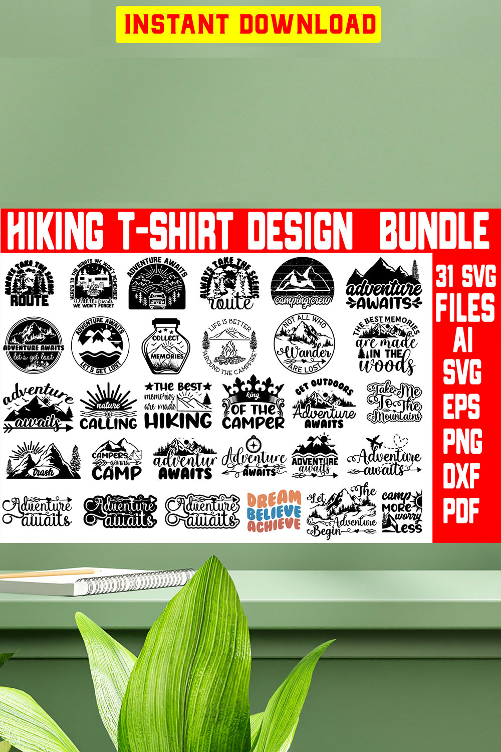 Hiking T-shirt Design Bundle pinterest preview image.