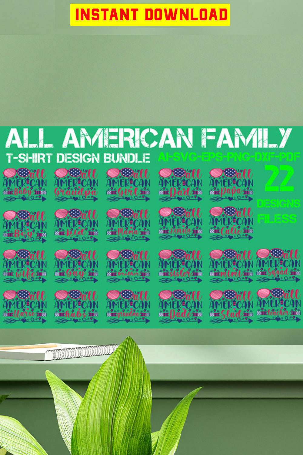 All American Family T-shirt Design Bundle pinterest preview image.