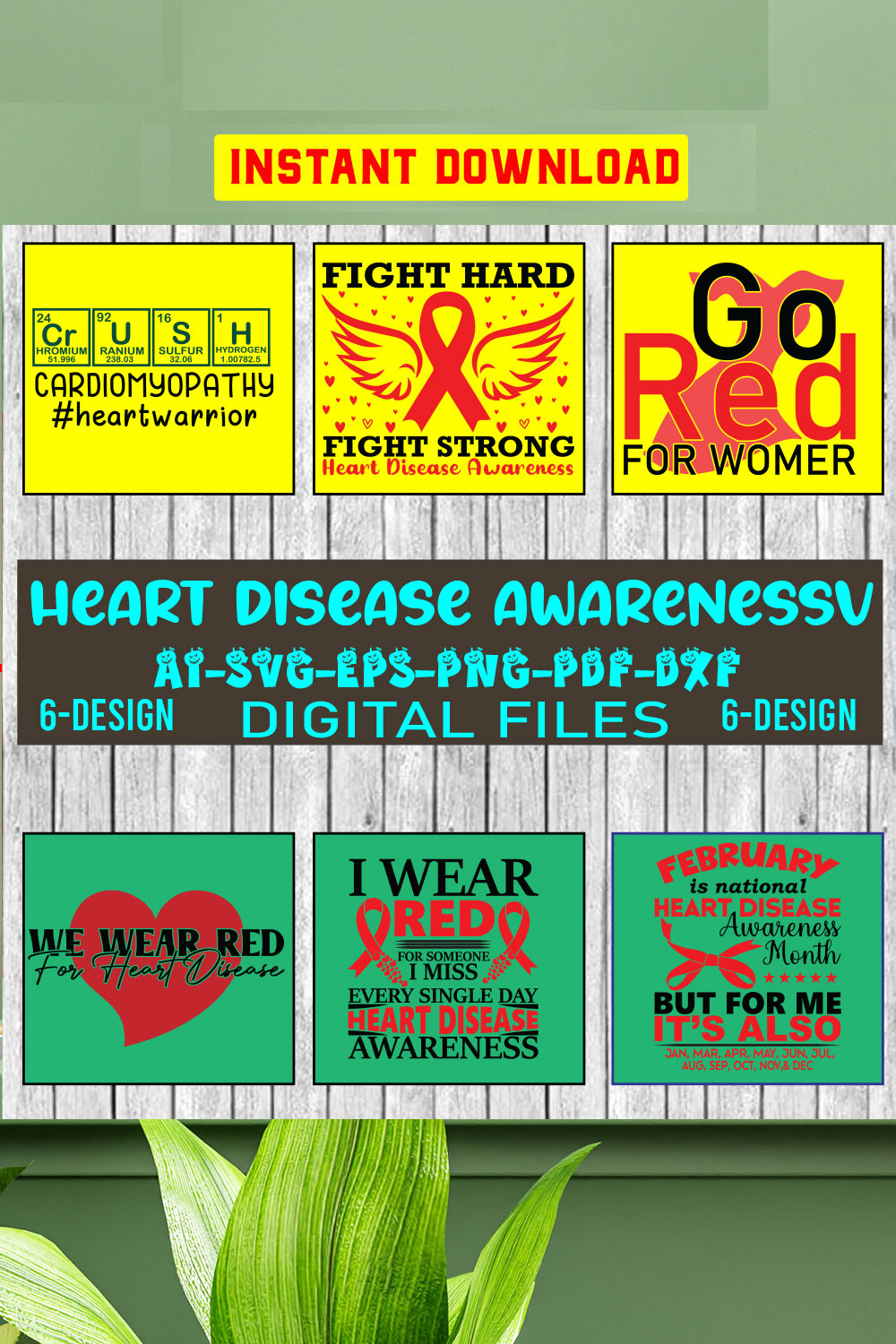 Heart Disease Awareness SVG Bundle, Red Ribbon SVG, Heart Disease Cut Files, Wishing For A Cure SVG, Heart Disease Warrior Svg pinterest preview image.